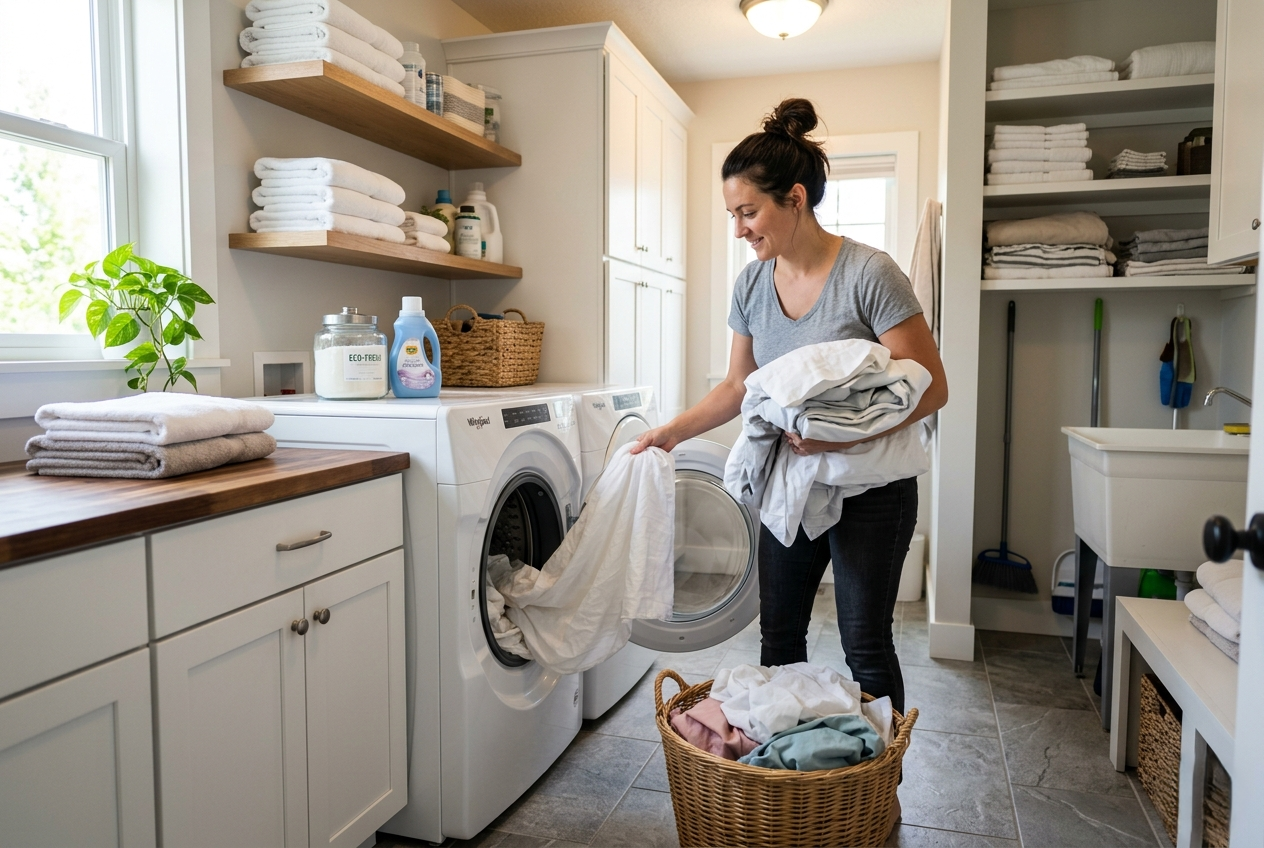 Woman washing bedding in a laundry room to prevent dust buildup