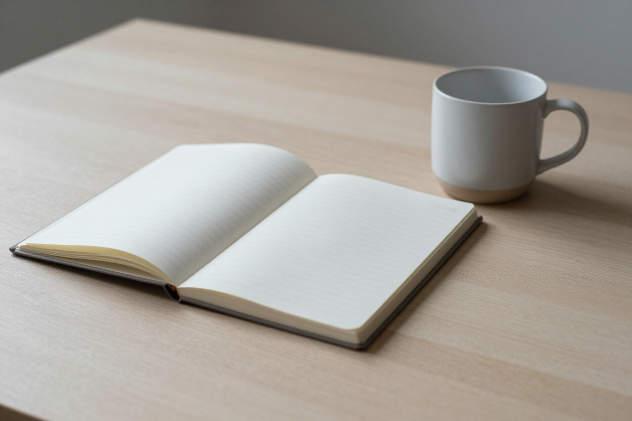 Notatbok og kopp på ett minimalistisk skandinavisk skrivebord