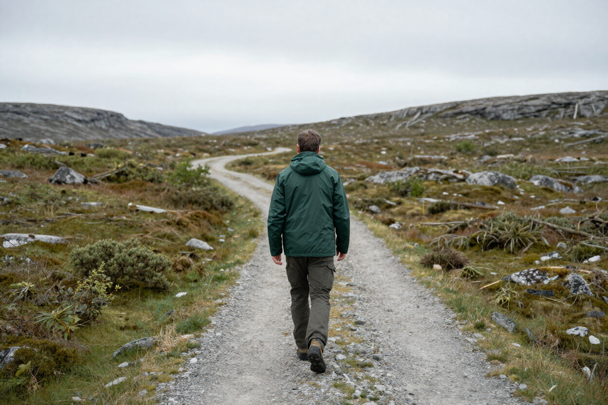 Ensom skikkelse på grusvei i norsk landskap
