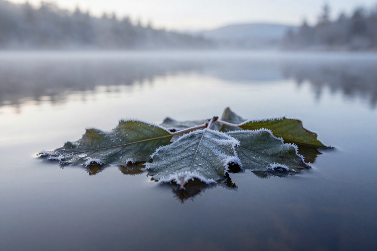 Frostrimmede blader i morgenlyset