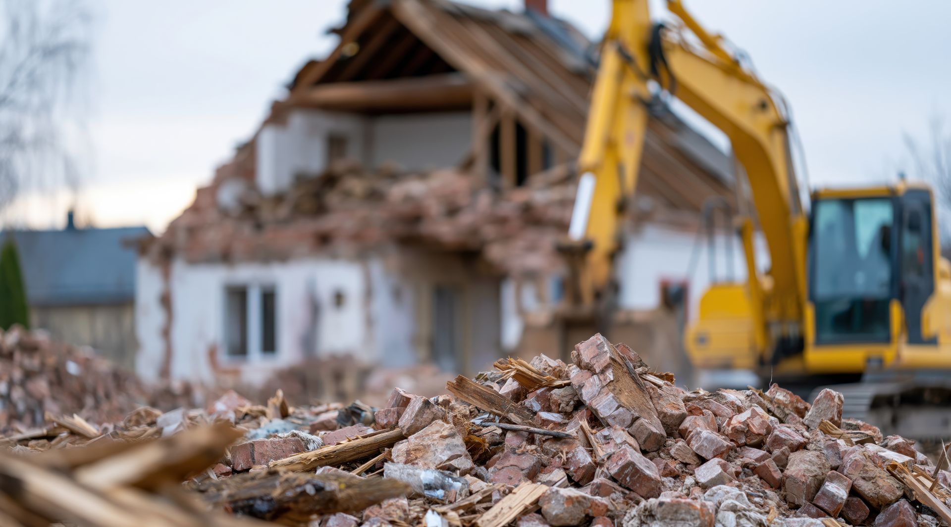 Demolition of residential house with yellow excavator and pile of rubble