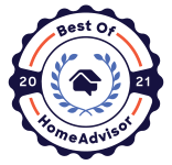 HomeAdvisor Best Of 2021 badge: blue, orange and white seal with a house icon and laurel wreath.