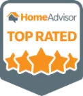 HomeAdvisor Top Rated badge: Orange stars, text on gray and white background.