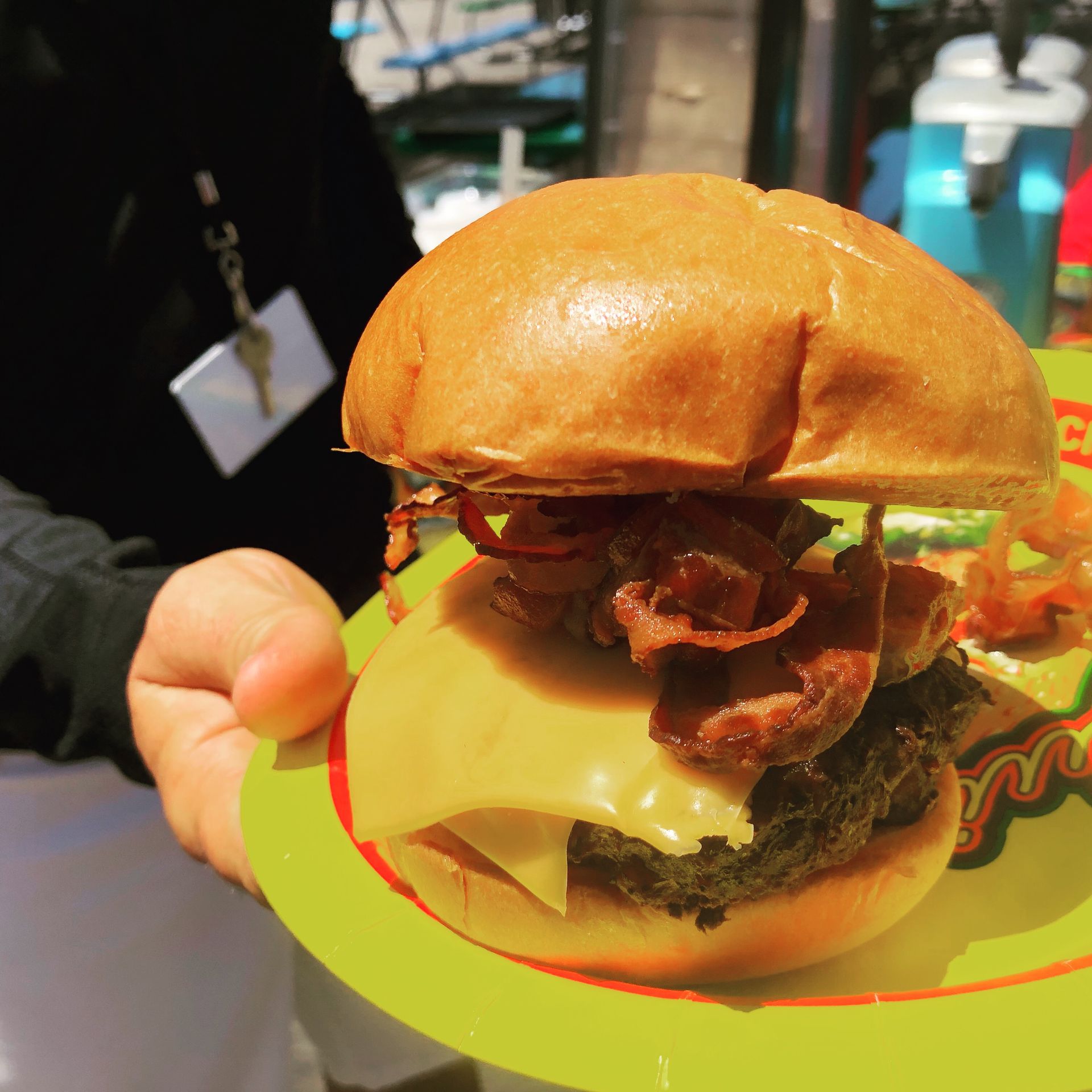 A person is holding a paper plate with a hamburger on it