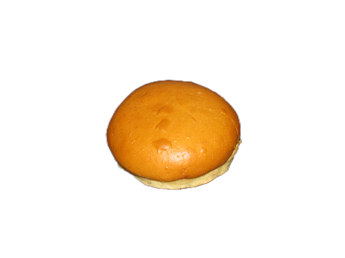 A close up of a hamburger bun on a white background