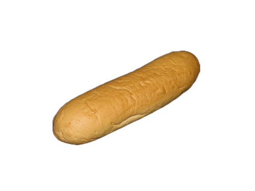 A long loaf of bread is sitting on a white surface.