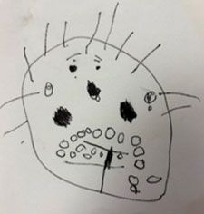 A child 's drawing of a snowman with the letter i on his head