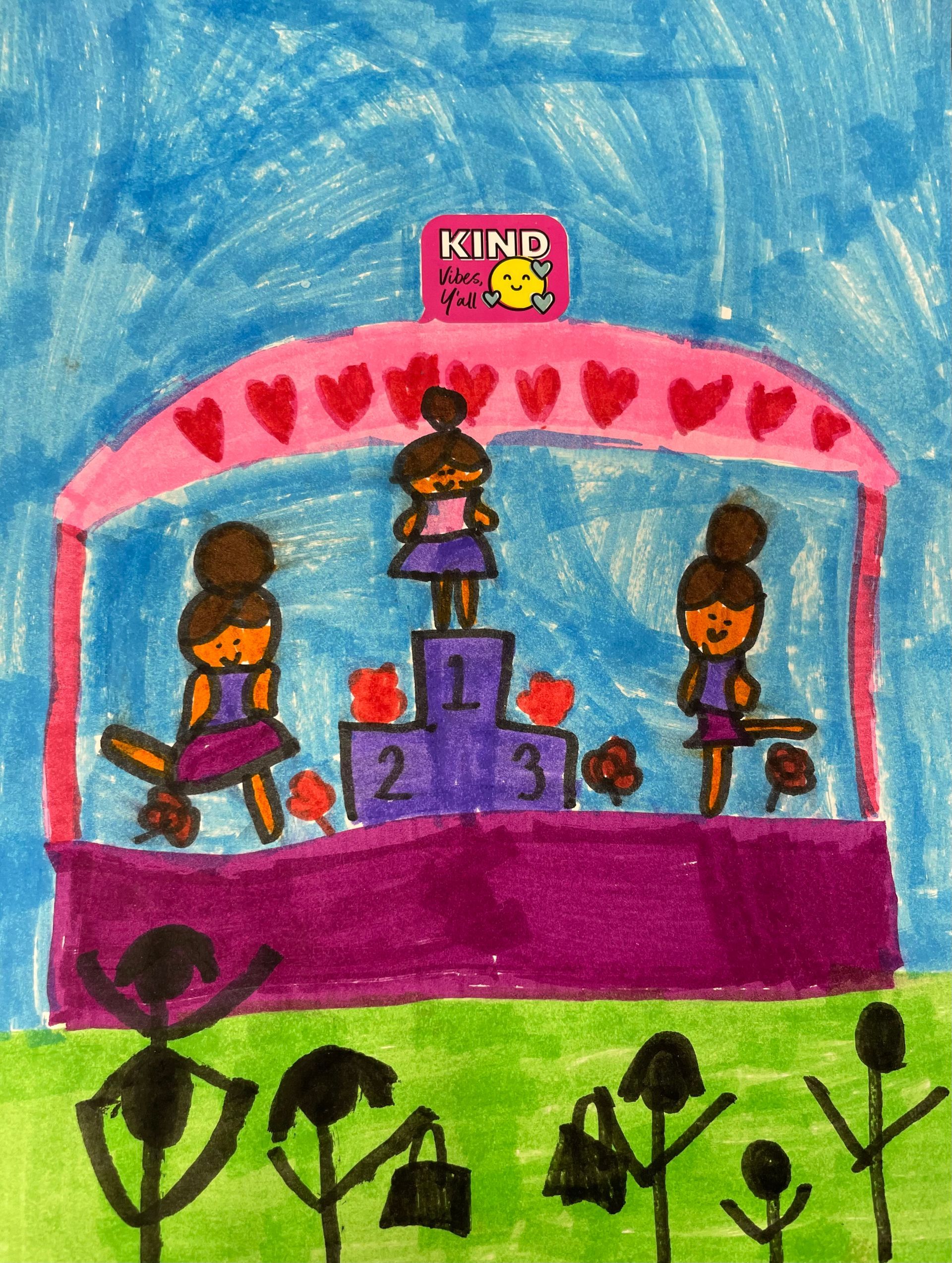 A child 's drawing of three ballerinas standing on top of a podium.