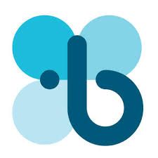 A blue letter b is surrounded by blue circles on a white background. Benevity for donations.