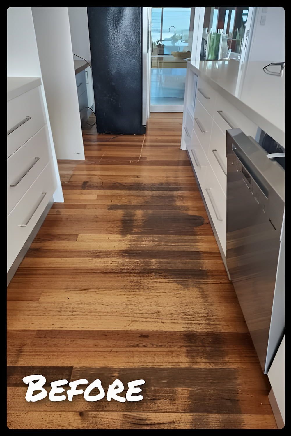 A Picture Of A Kitchen Floor Before Being Cleaned — Kyall Chalker Floor Sanding & Polishing In North Haven, NSW
