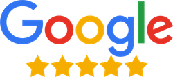 Google logo with five gold stars underneath, indicating a five-star rating