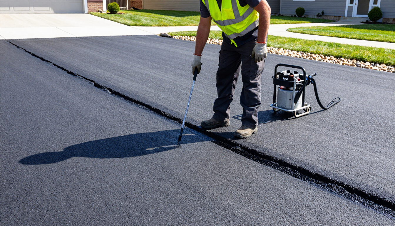 Professional crack filling and sealcoating for a Minnesota driveway