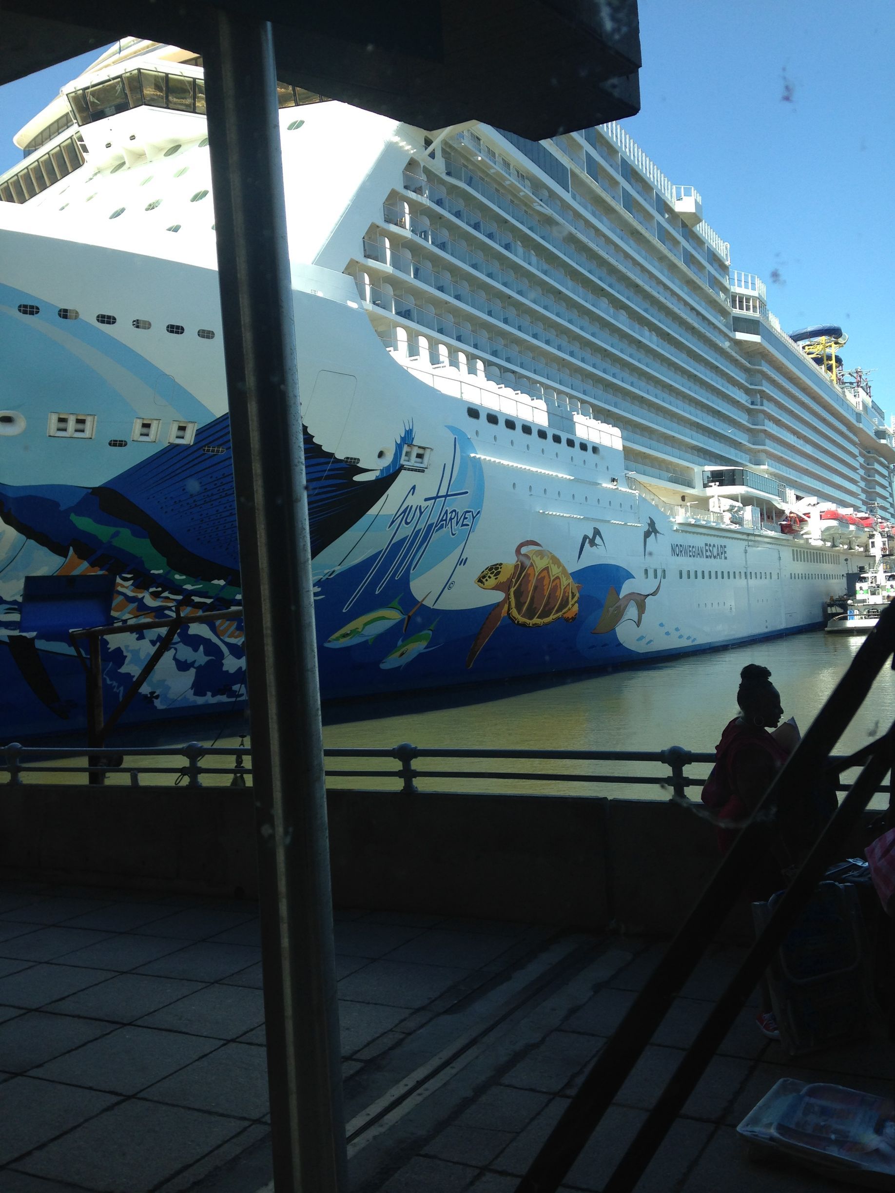 A large cruise ship is docked in a harbor