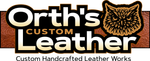 Ornate gray logo with an owl in an oval, reading “Orth’s Custom Leather” and “Canal Fulton, Ohio”