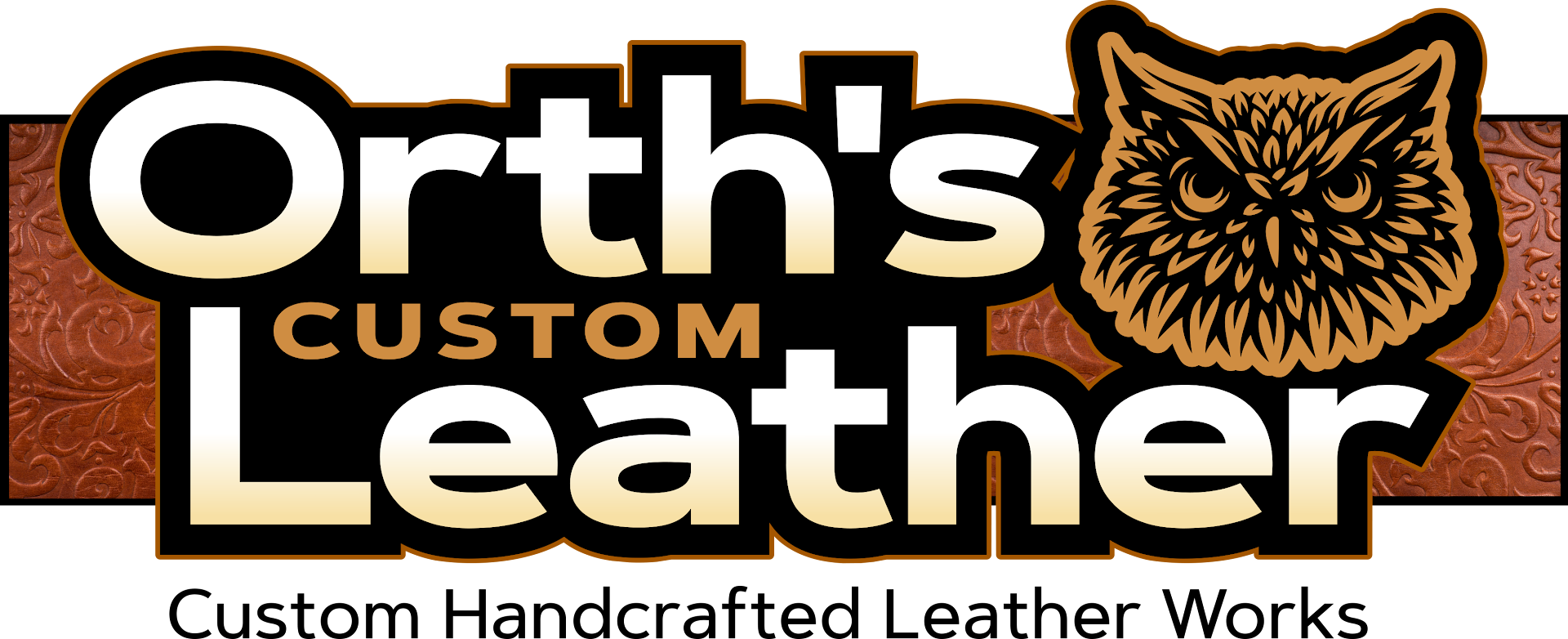 Ornate gray logo with an owl in an oval, reading &ldquo;Orth&rsquo;s Custom Leather&rdquo; and &ldquo;Canal Fulton, Ohio&rdquo;