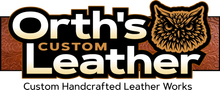 Ornate gray logo with an owl in an oval, reading “Orth’s Custom Leather” and “Canal Fulton, Ohio”