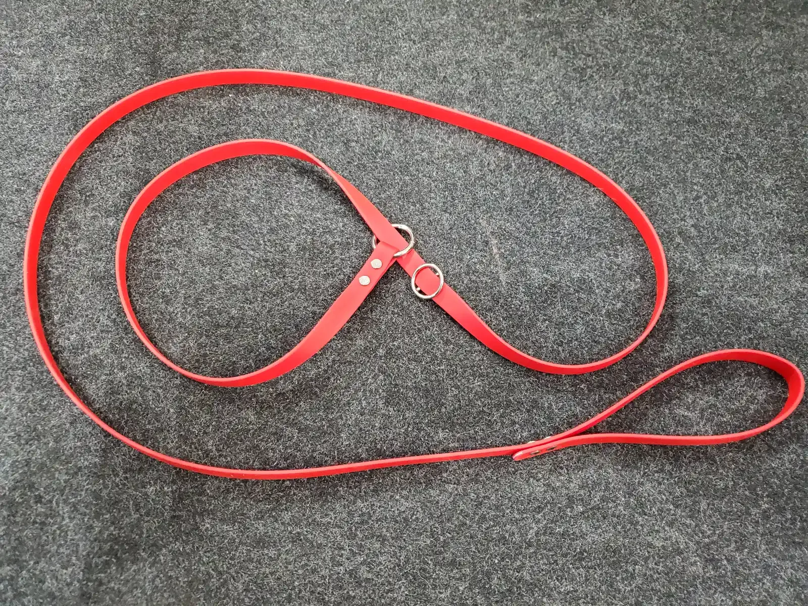 Red leash with a metal clip arranged in a loop on a gray surface