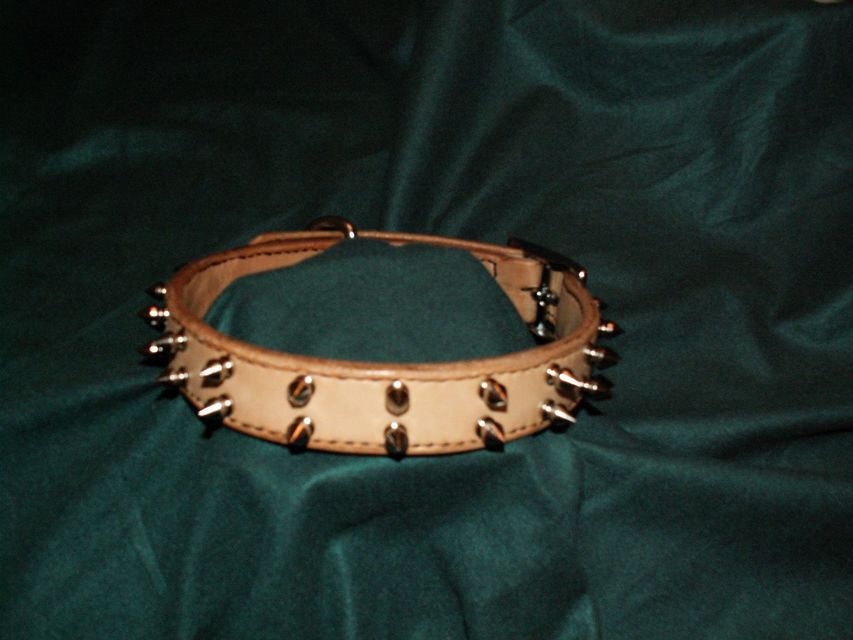 Tan leather studded choker bracelet on dark green fabric backdrop