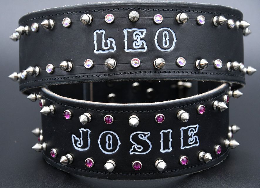 Black studded leather bracelets with silver and pink studs, personalized with the names Leo and Josie.