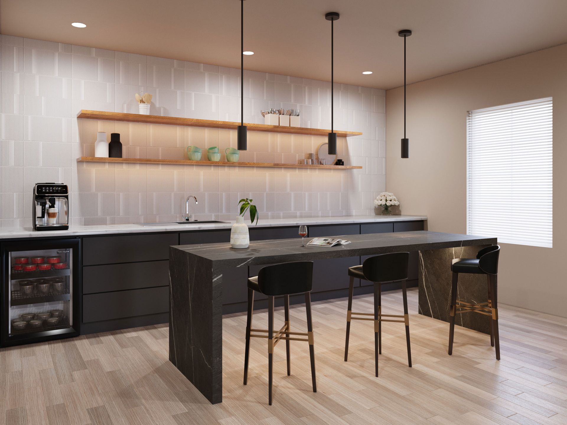 Kinette in clubhouse with bar height island and wine chiller