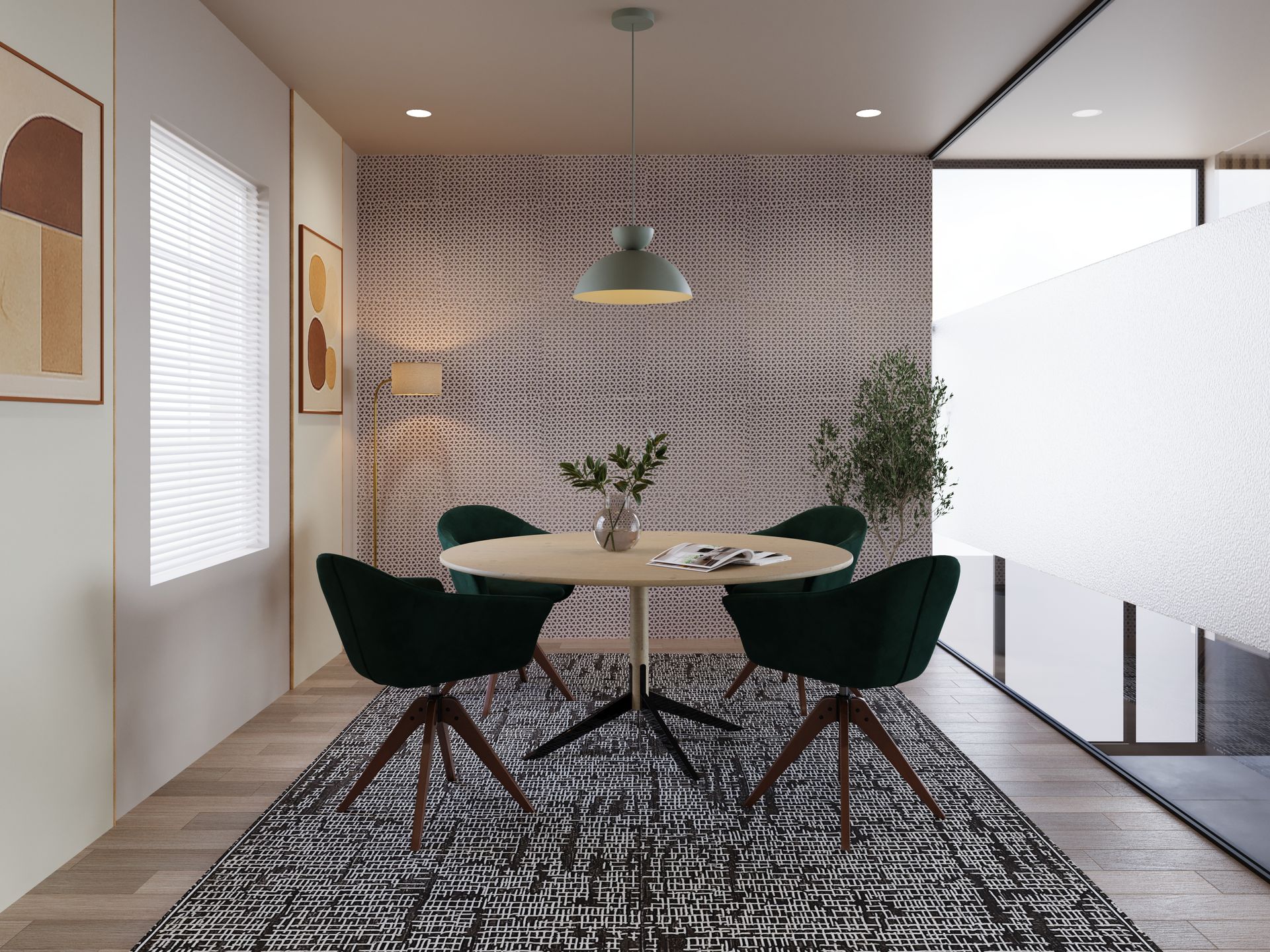 A table with four chairs in the lounge