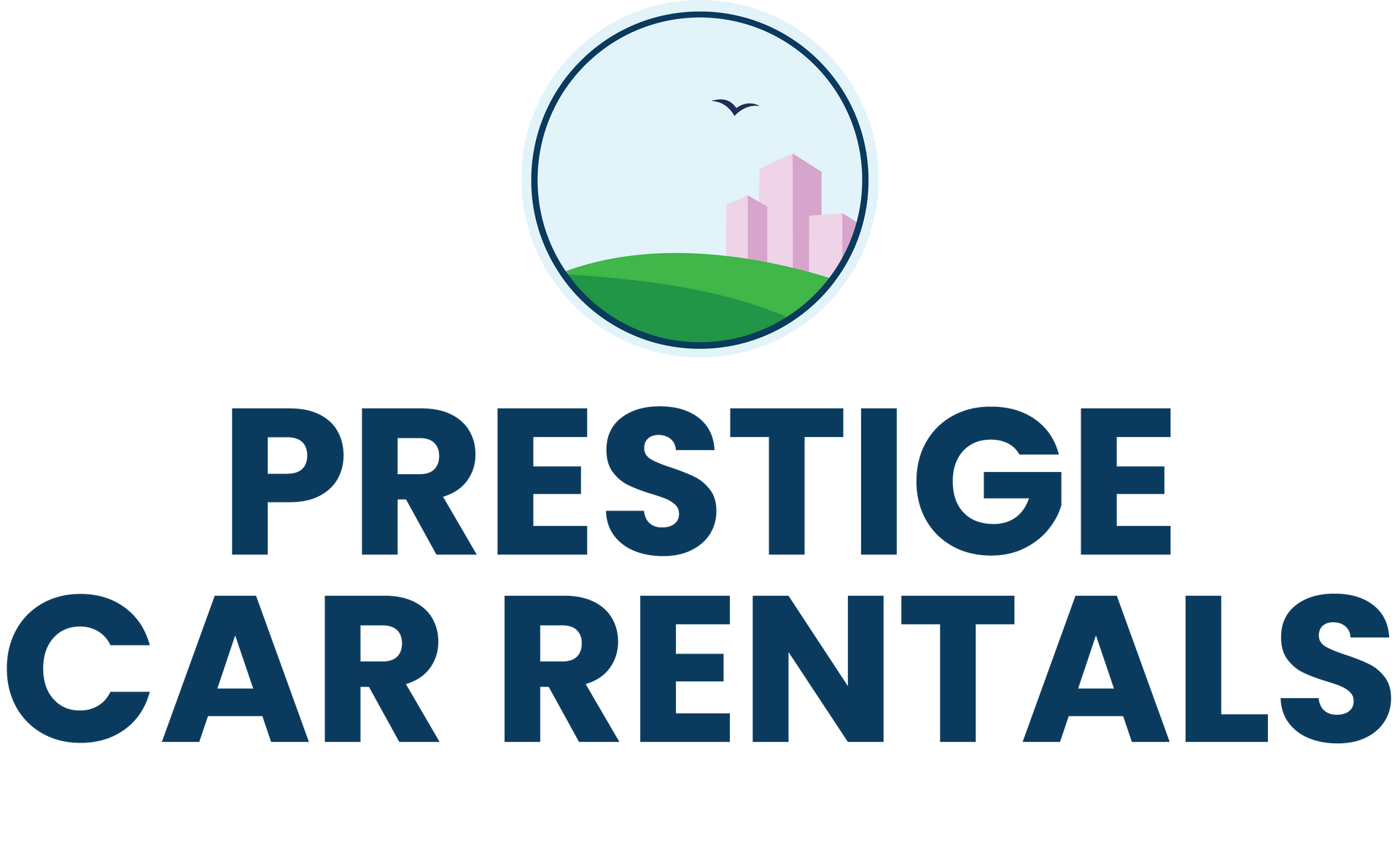 Prestige Car Rentals logo with blue text and a small circle showing green hills and pink buildings