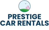 Prestige Car Rentals logo with blue text and a small circle showing green hills and pink buildings