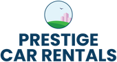 Prestige Car Rentals logo with blue text and a circular skyline icon above