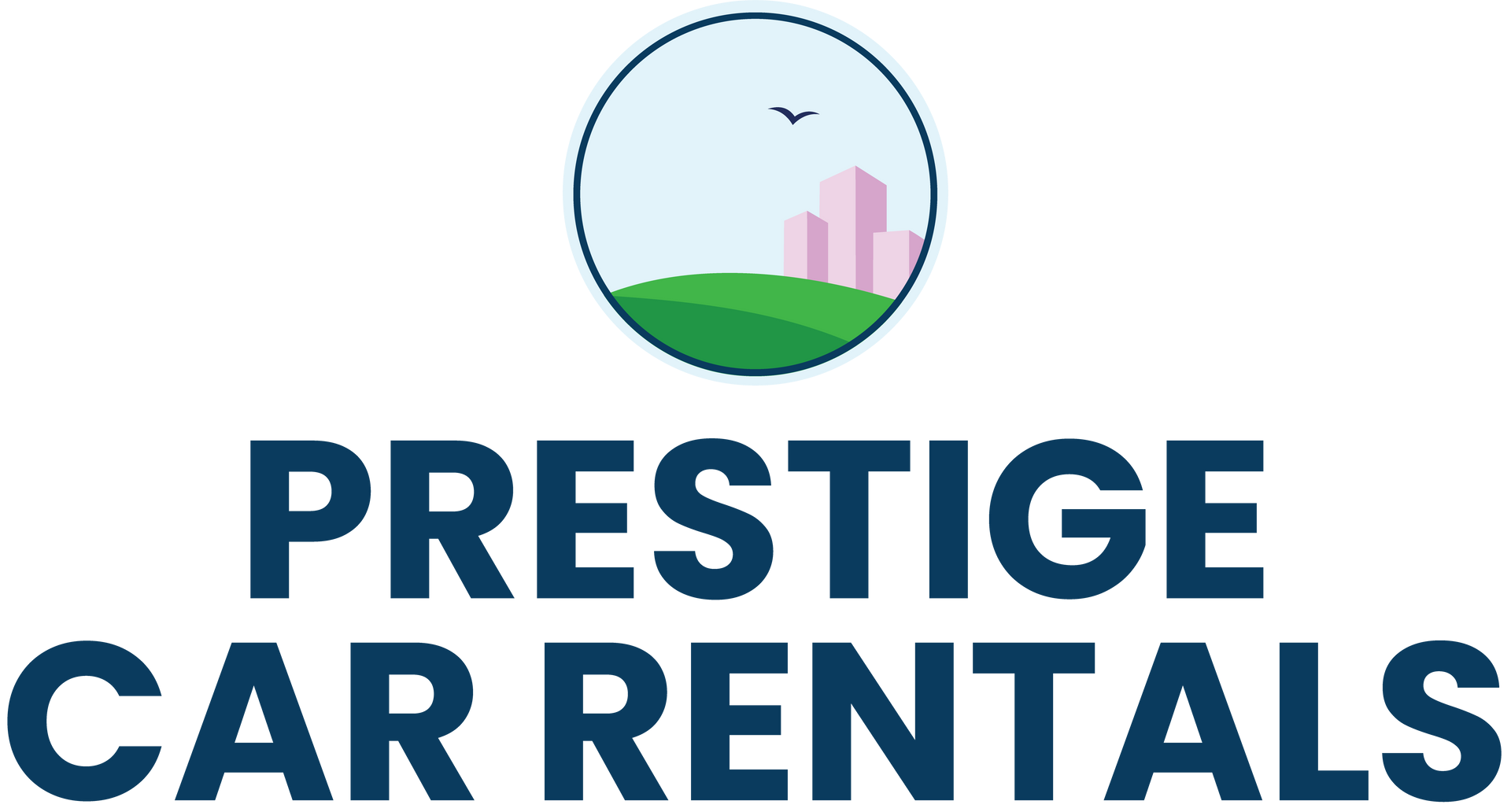 Prestige Car Rentals logo with blue text and a circular skyline icon above