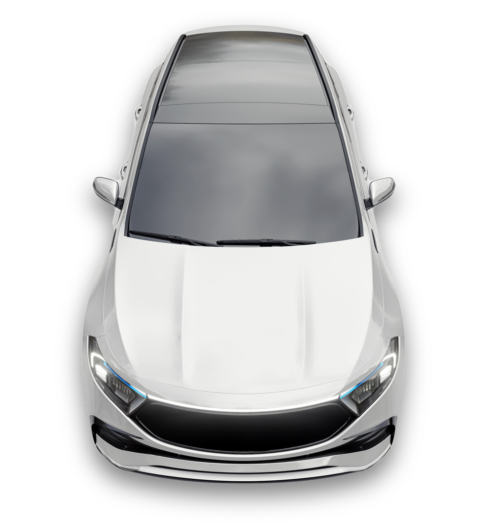 Top-down view of a white sedan car with a dark roof and black front grille