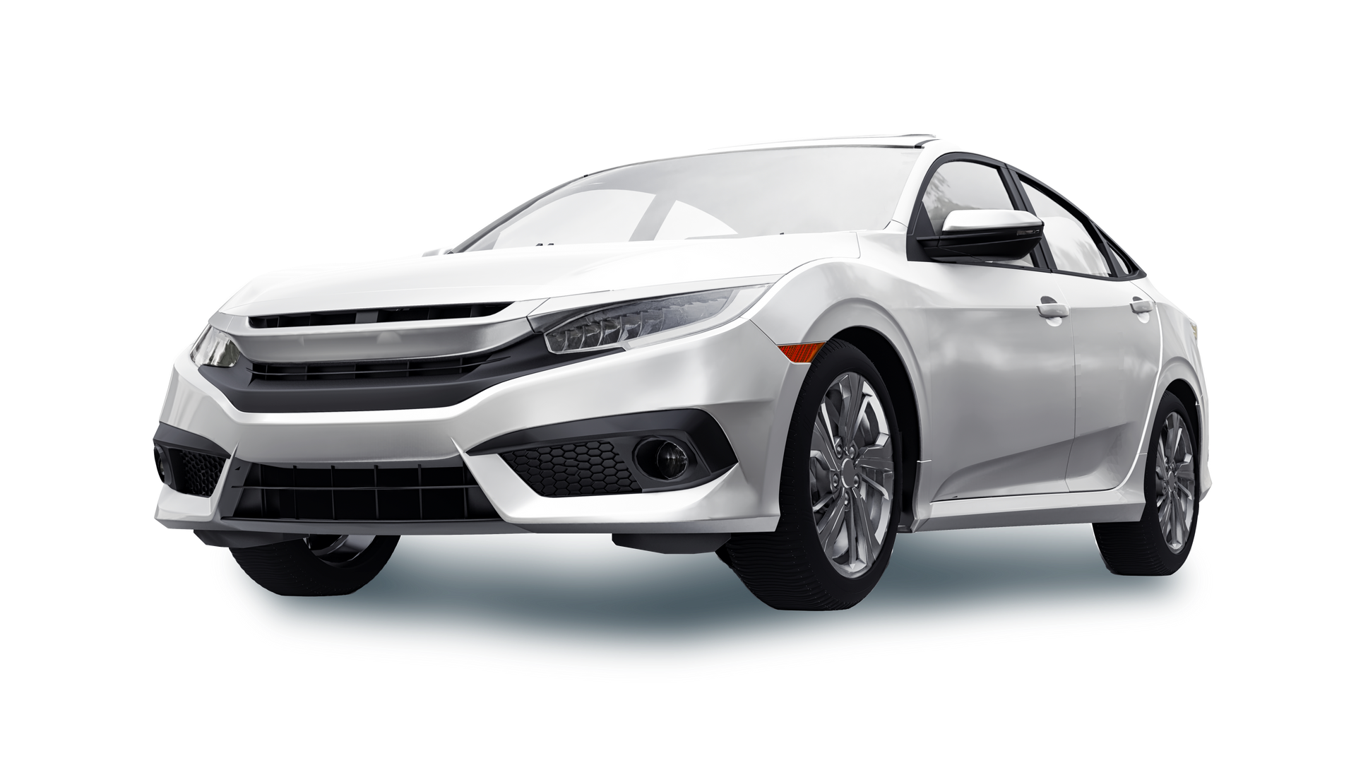 Silver sedan car on a white background, shown in a three-quarter front view.