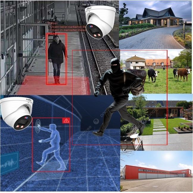 Een collage toont beveiligingscamera's die verschillende locaties bewaken, met daaroverheen beelden van bewegingsdetectie en inbraakwaarschuwingen.