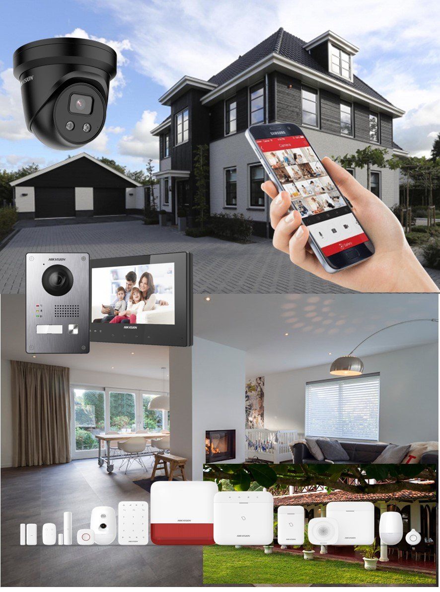 Een collage met een beveiligingscamera, een alarmsysteem, een videodeurbel en een hand die een beveiligingsapp op een smartphone vasthoudt.