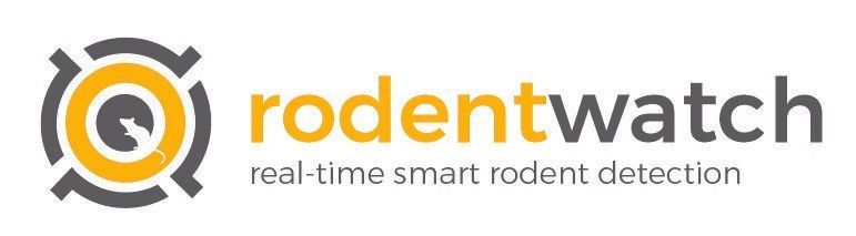 Logo voor Rodentwatch met een geel en donkergrijs cirkelvormig doelwitpictogram, een silhouet van een knaagdier en vetgedrukte tekst.