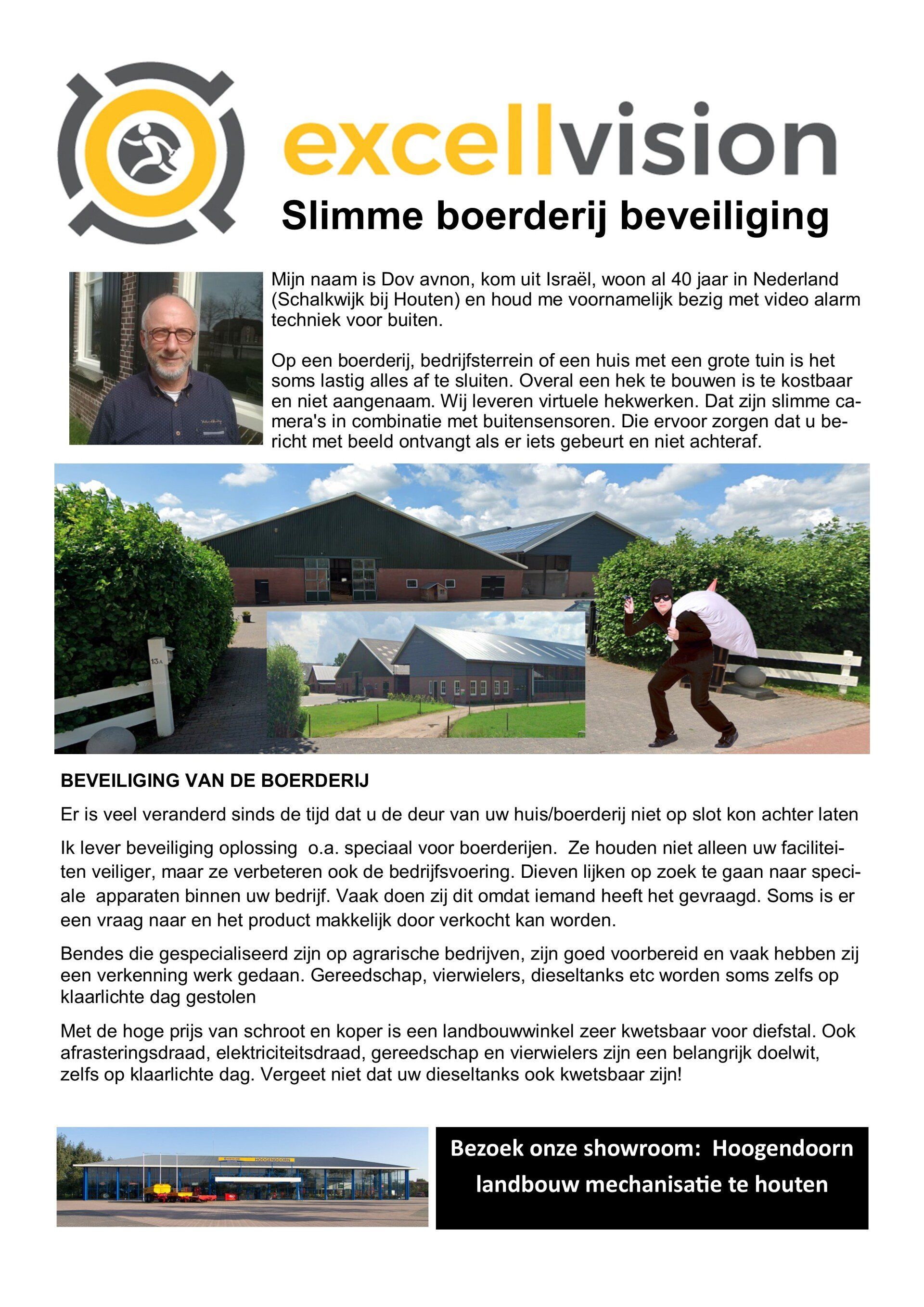 Flyer voor Excellvision slimme beveiliging voor boerderijen, met afbeeldingen van een boerderij, een persoon en bewakingsapparatuur.