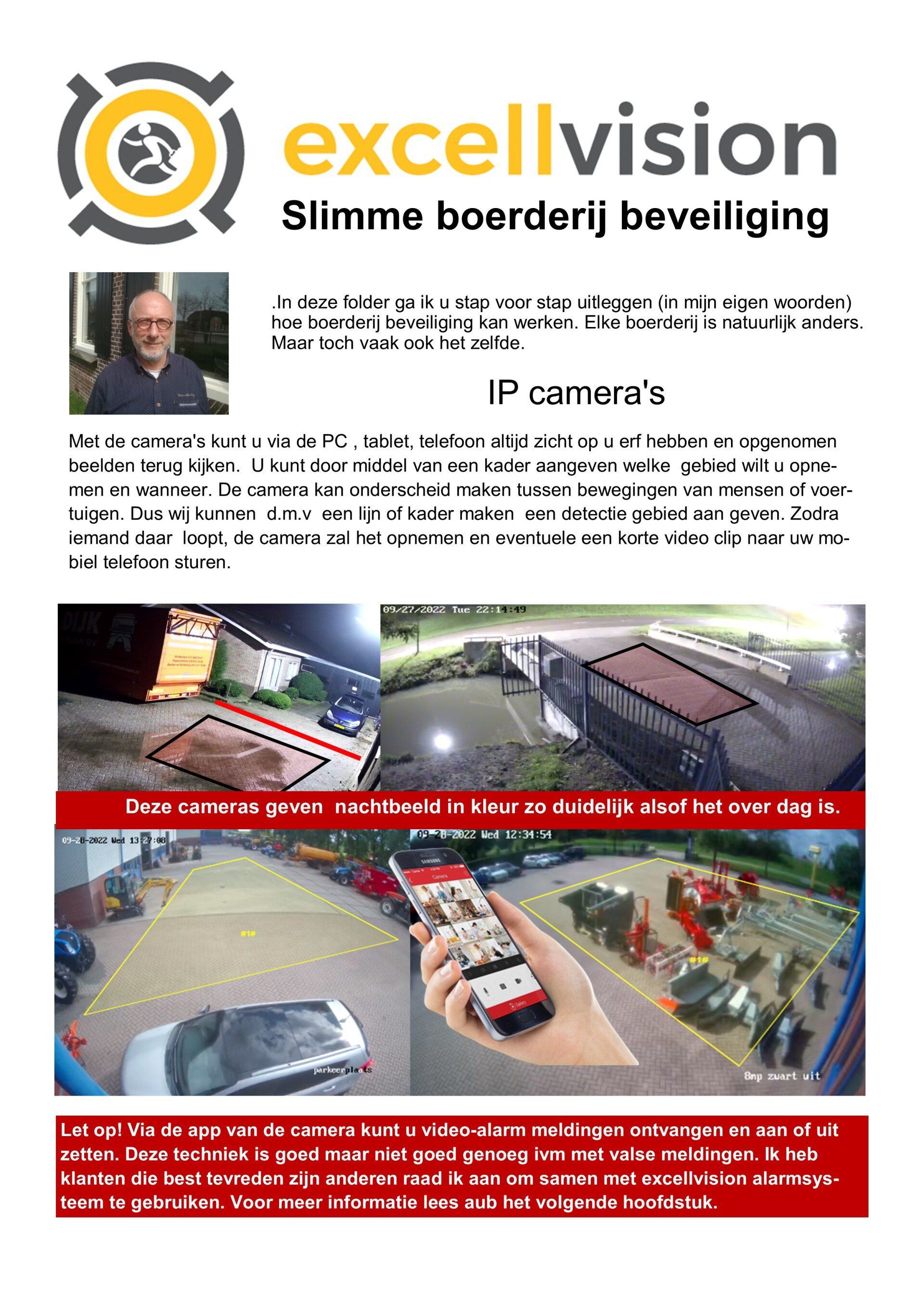 Excellvision-brochure voor slimme beveiliging op de boerderij, met IP-camerabeelden, bewegingszones en een mobiele bewakingsapp.