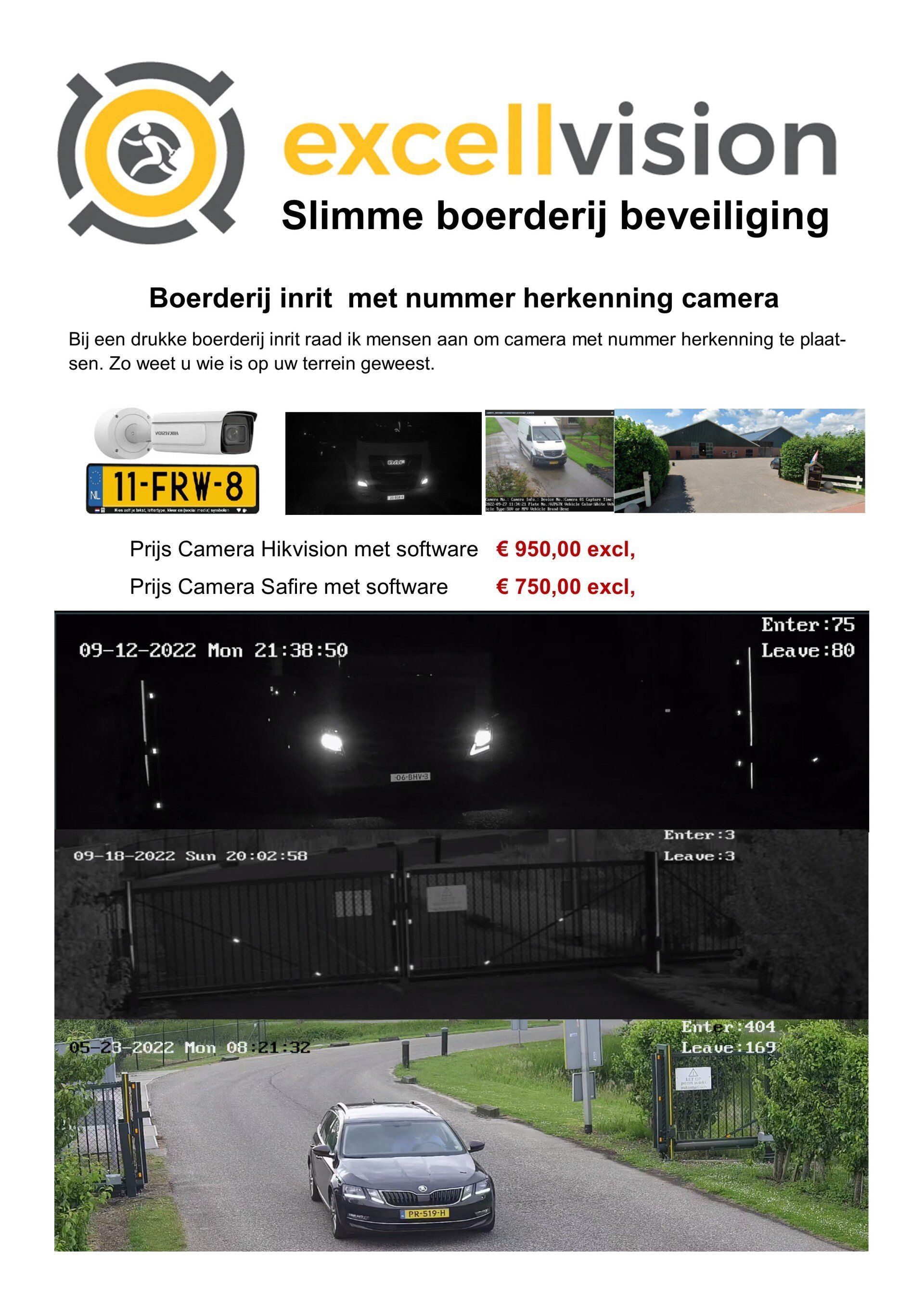 Advertentie van Excellvision voor een beveiligingssysteem voor boerderijen met kentekenherkenningscamera, prijzen en voorbeeldbeelden.