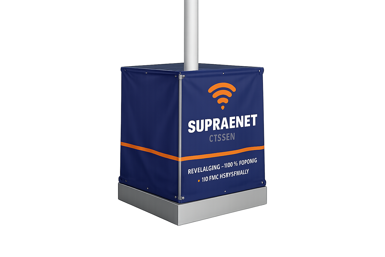 Een blauwe, vierkante hoes voor een elektriciteitspaal met het opschrift 