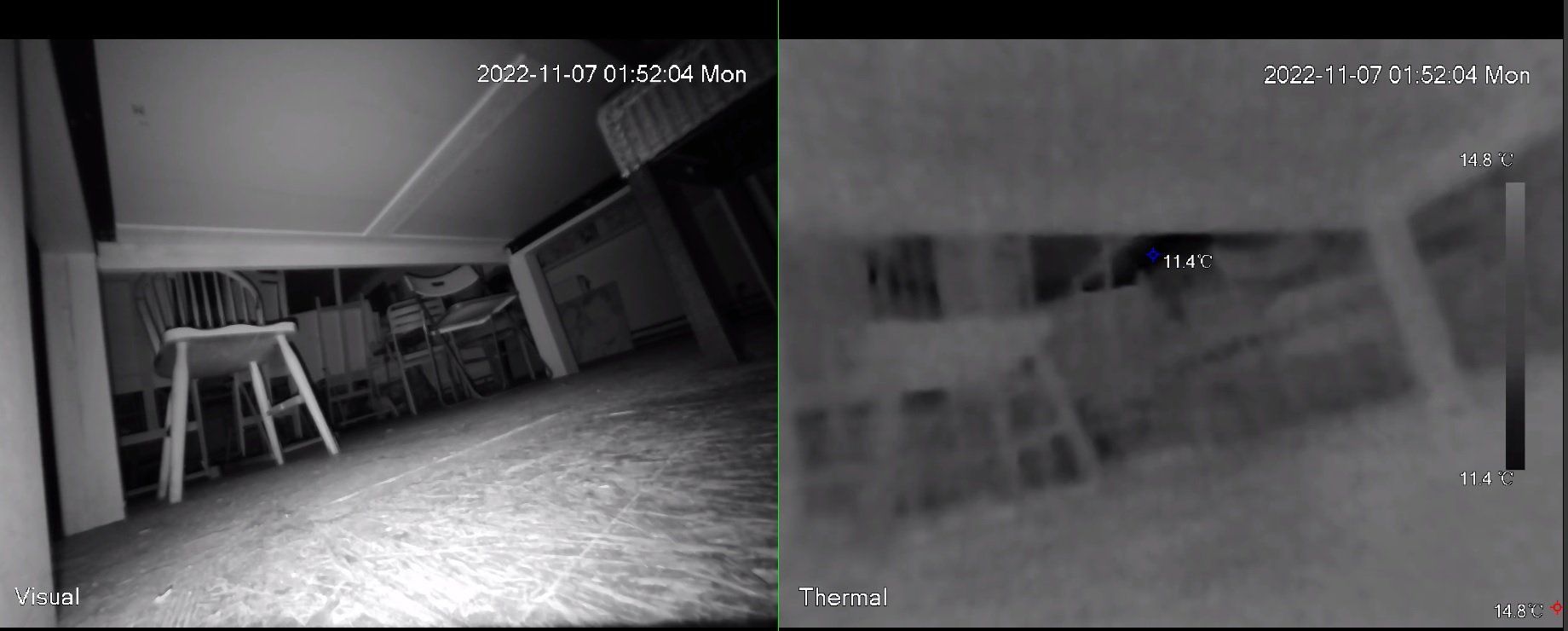 Een beeld met gesplitst perspectief, waarop een kamer 's nachts te zien is: links een standaardcamera en rechts een warmtebeeldcamera.