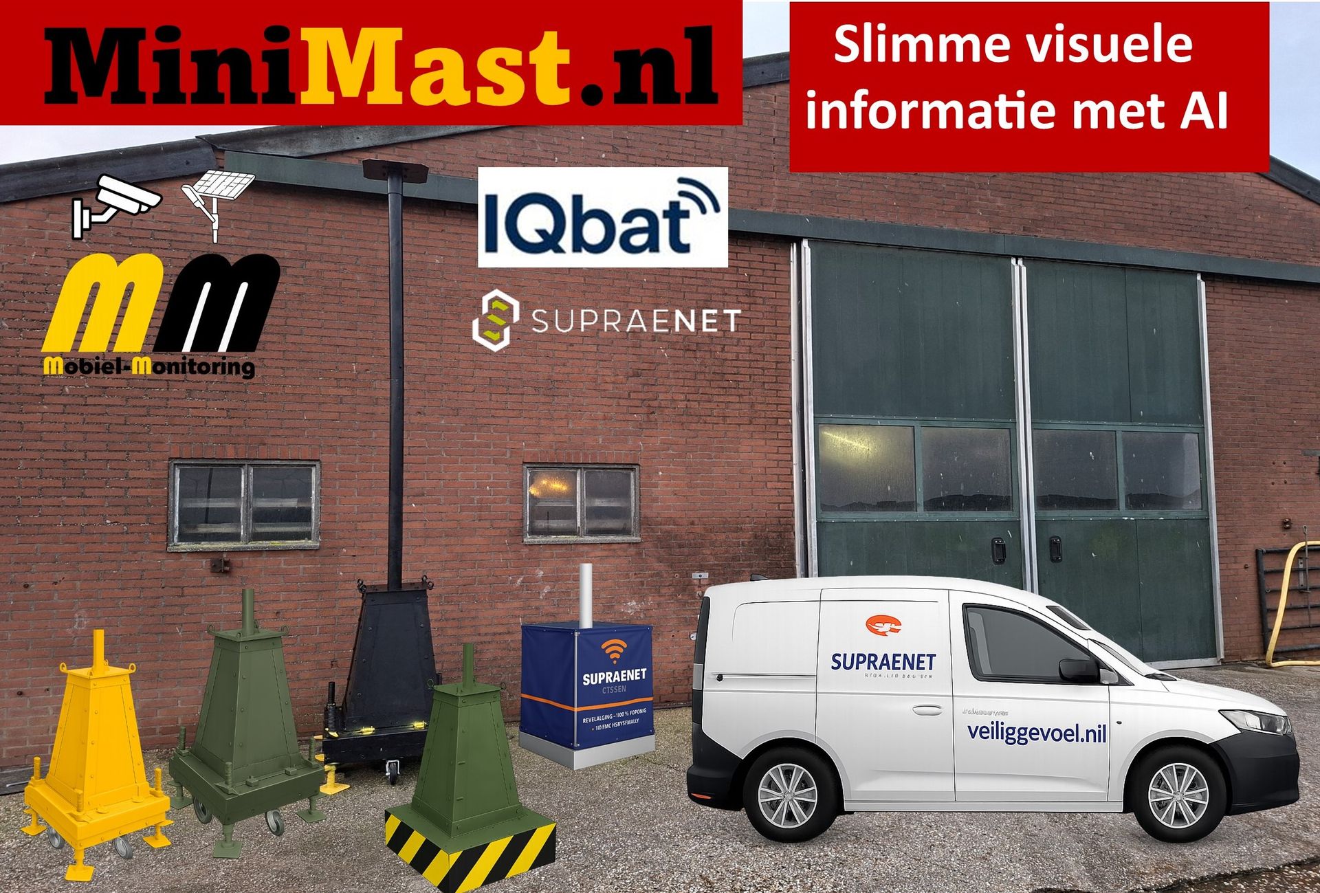 Promotieafbeelding van MiniMast.nl met mobiele bewakingsmasten en een bedrijfsbusje met logo, geparkeerd voor een bakstenen loods.