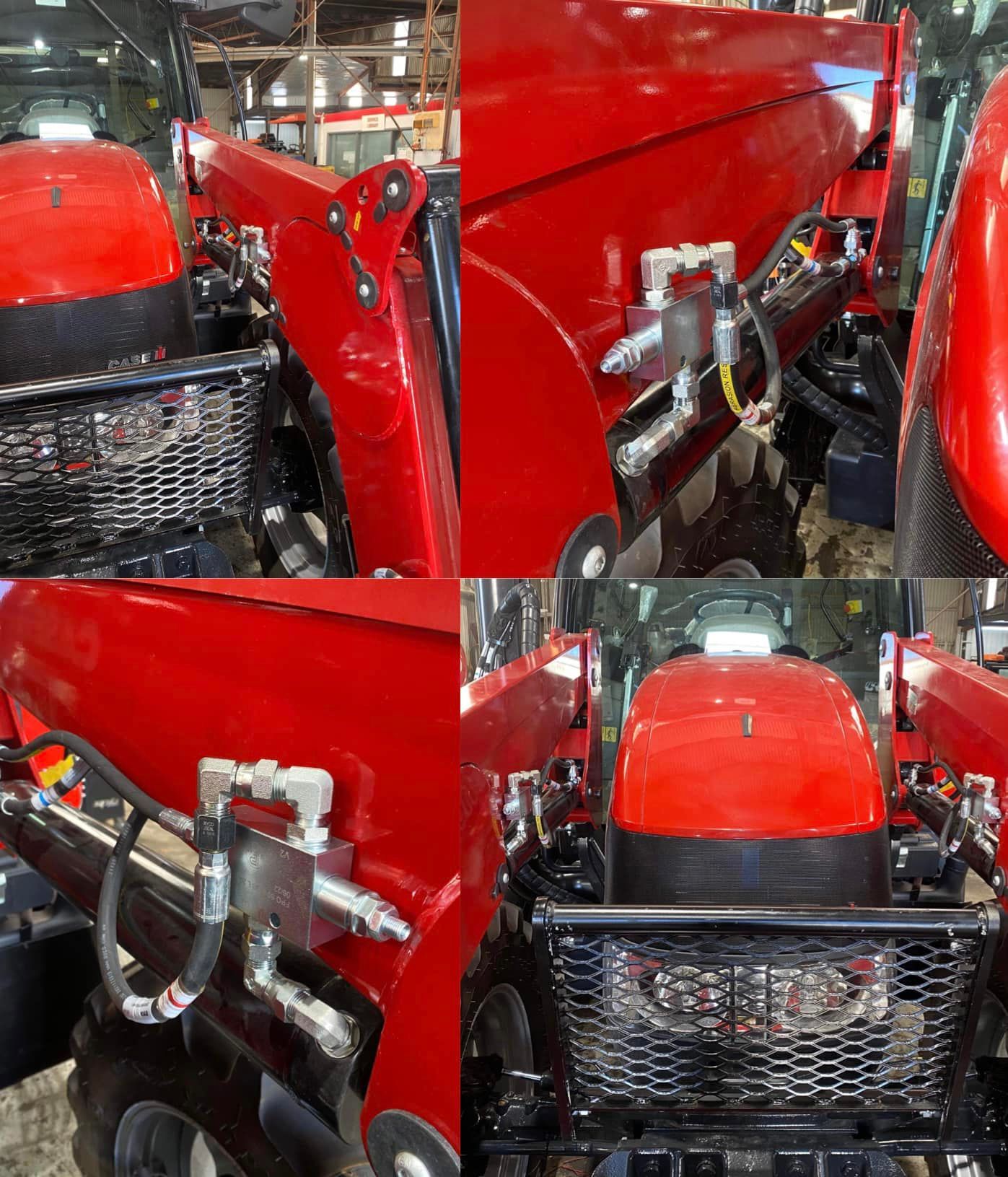 Red industrial machine with shiny metal pipes and fittings in a workshop collage.