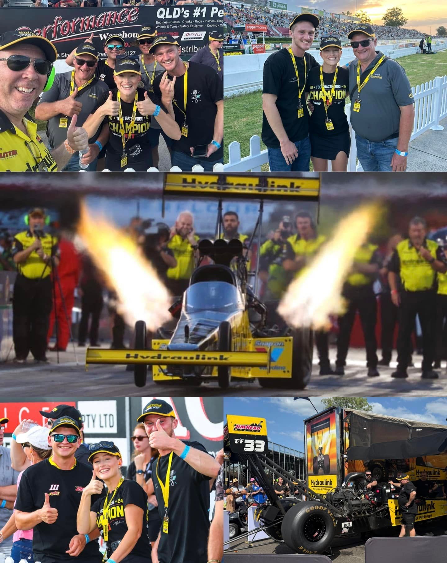 Racing team celebrating with a trophy and yellow-and-black drag car at a sunset event