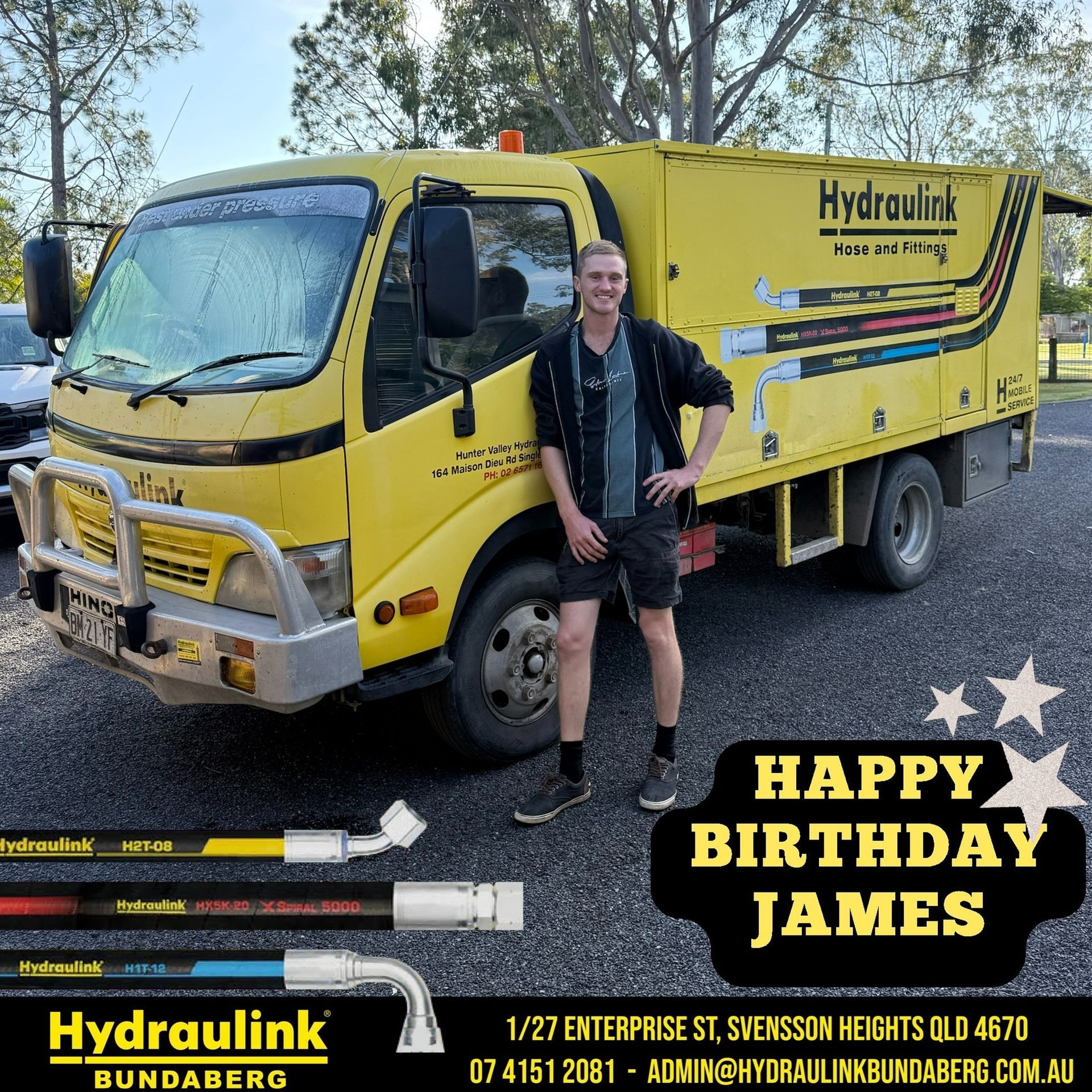 Person standing beside a yellow Hydraulink truck with “Happy Birthday James” text overlay.