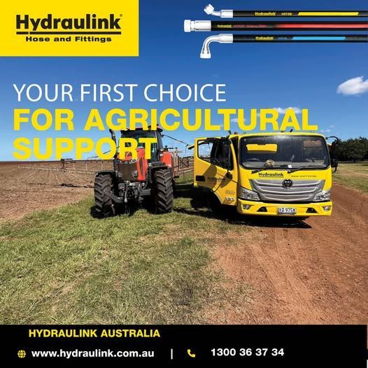 Hydraulink Australia ad with yellow truck and tractor in a rural field under Your first choice for agricultural support text