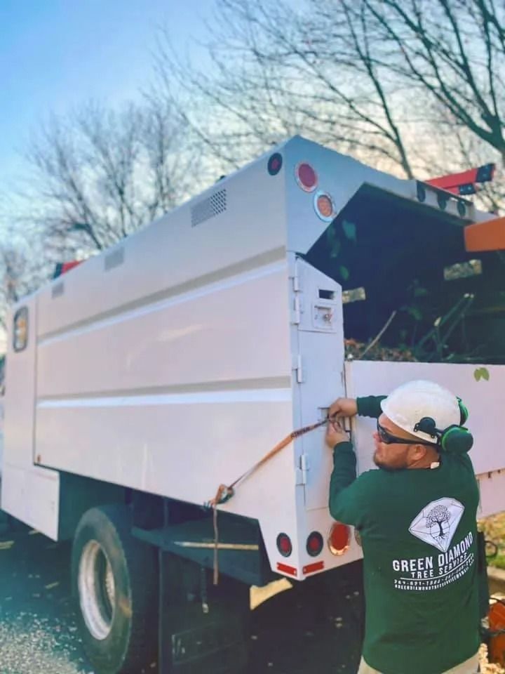 Worker unloading a white utility truck in a wooded outdoor area.
