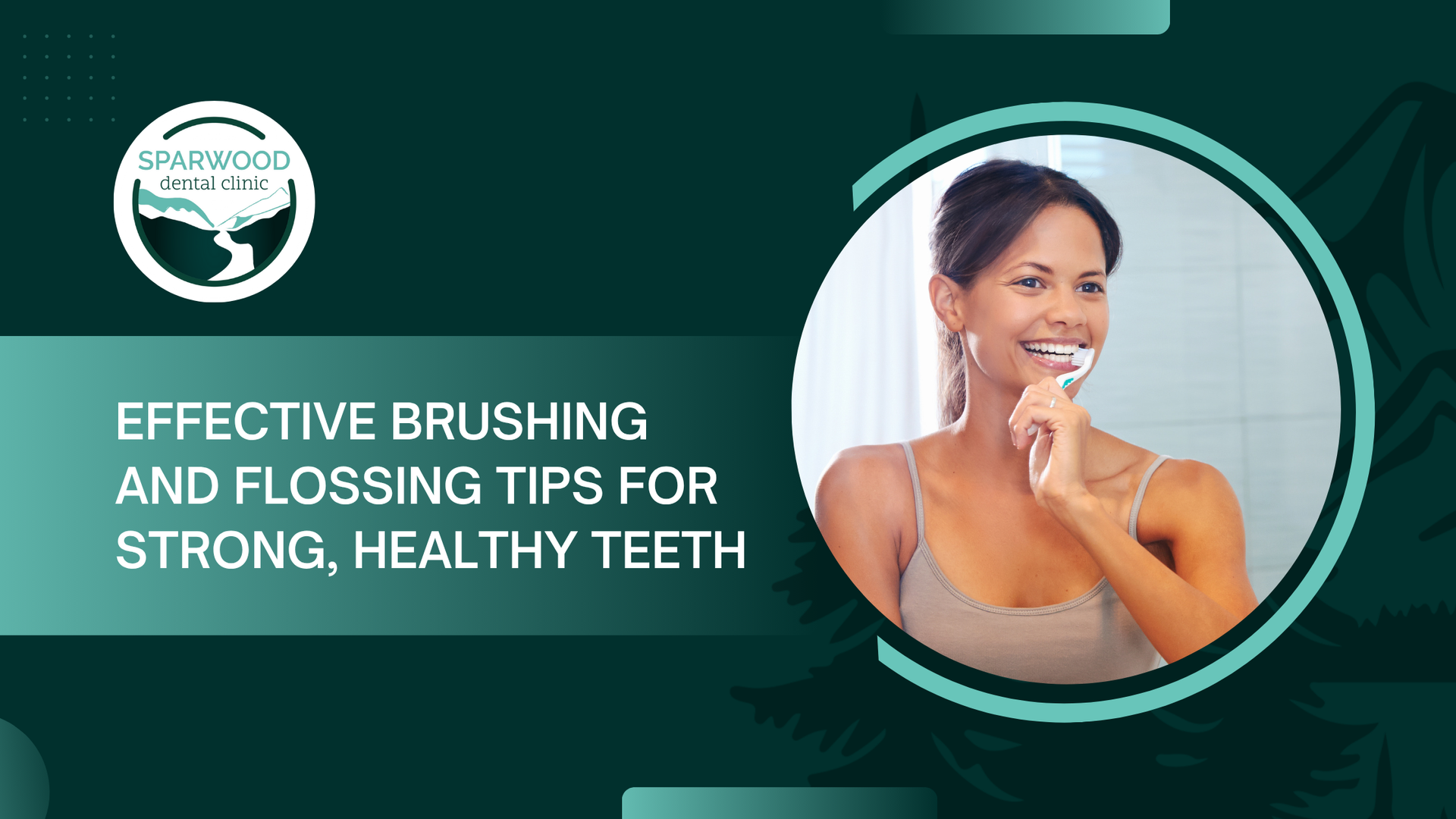 Woman brushing teeth in bathroom, text:
