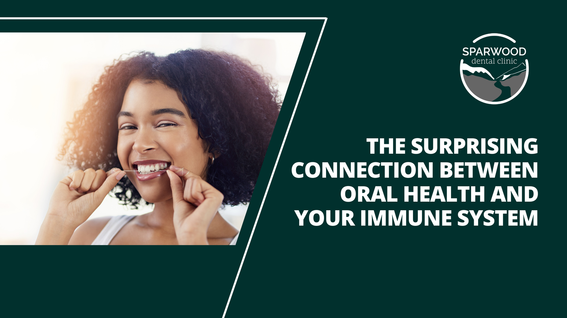 A woman is flossing her teeth and smiling.