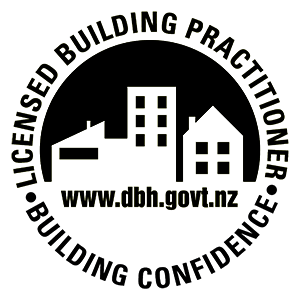 Black-and-white Licensed Building Practitioner logo with houses and www.dbh.govt.nz text