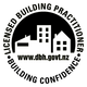 Black-and-white Licensed Building Practitioner logo with houses and www.dbh.govt.nz text