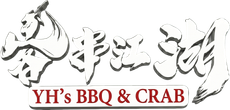 Logo with stylized Chinese calligraphy and red text reading &ldquo;YH&rsquo;s BBQ & CRAB&rdquo; on a white background